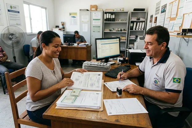 Cliente organizando documentos de licenciamento de veículo com auxílio de despachante.