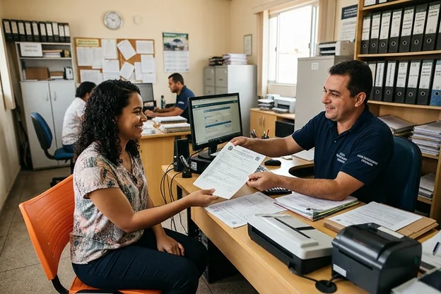 Cliente recebendo o CRLV-e impresso em um balcão de despachante.
