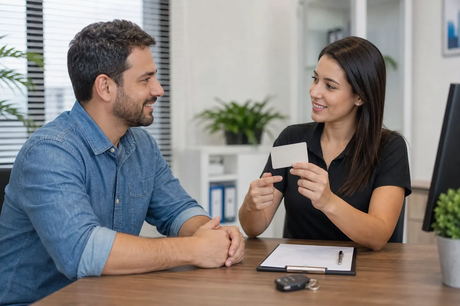 Cliente recebendo orientação sobre renovação da CNH no despacho.