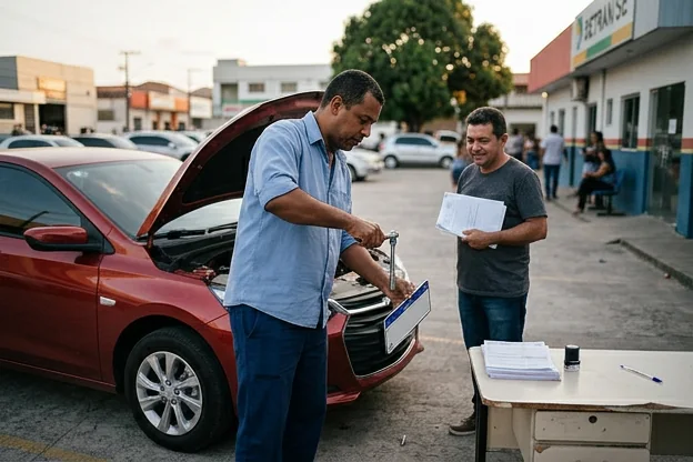 Despachante ajudando na colocação da placa de um novo veículo.