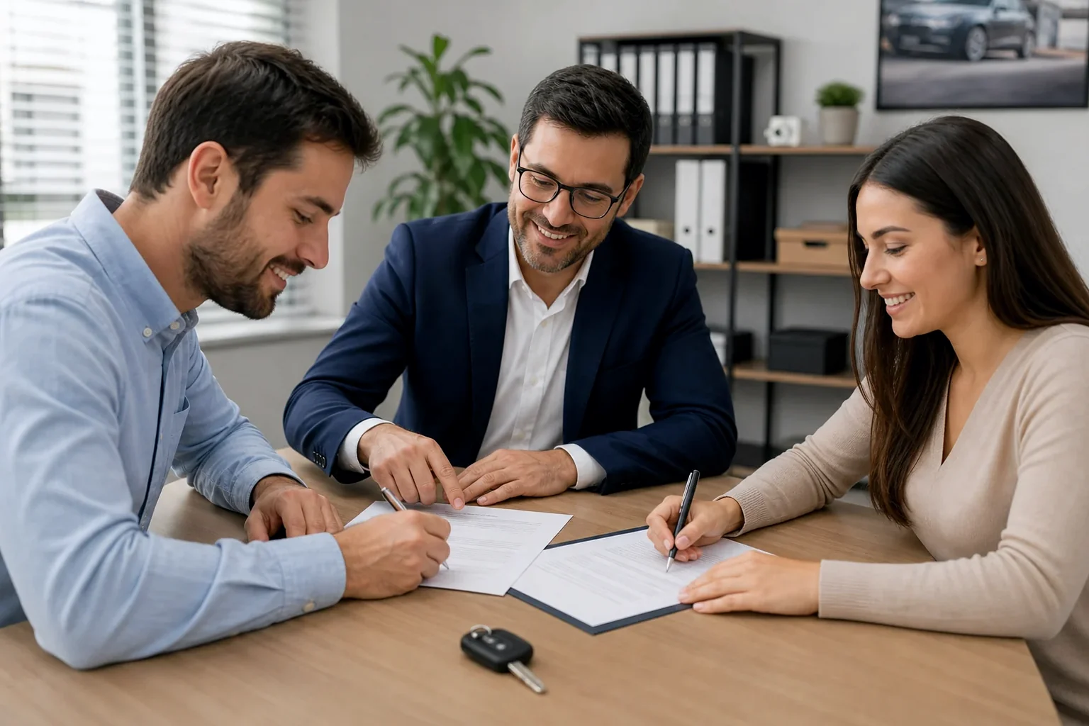 Despachante auxiliando cliente com documentos para transferência de veículo.